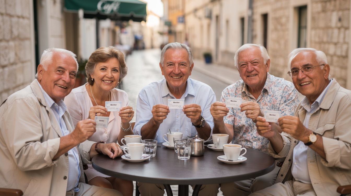 Group of happy Croatian seniors holding membership cards at a cafe table