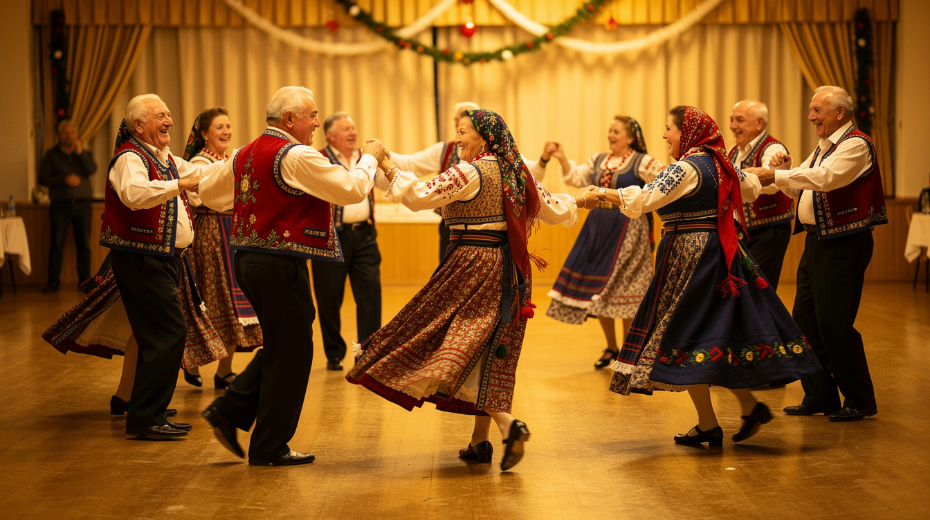 Croatian seniors dancing traditional folk dance at a community event
